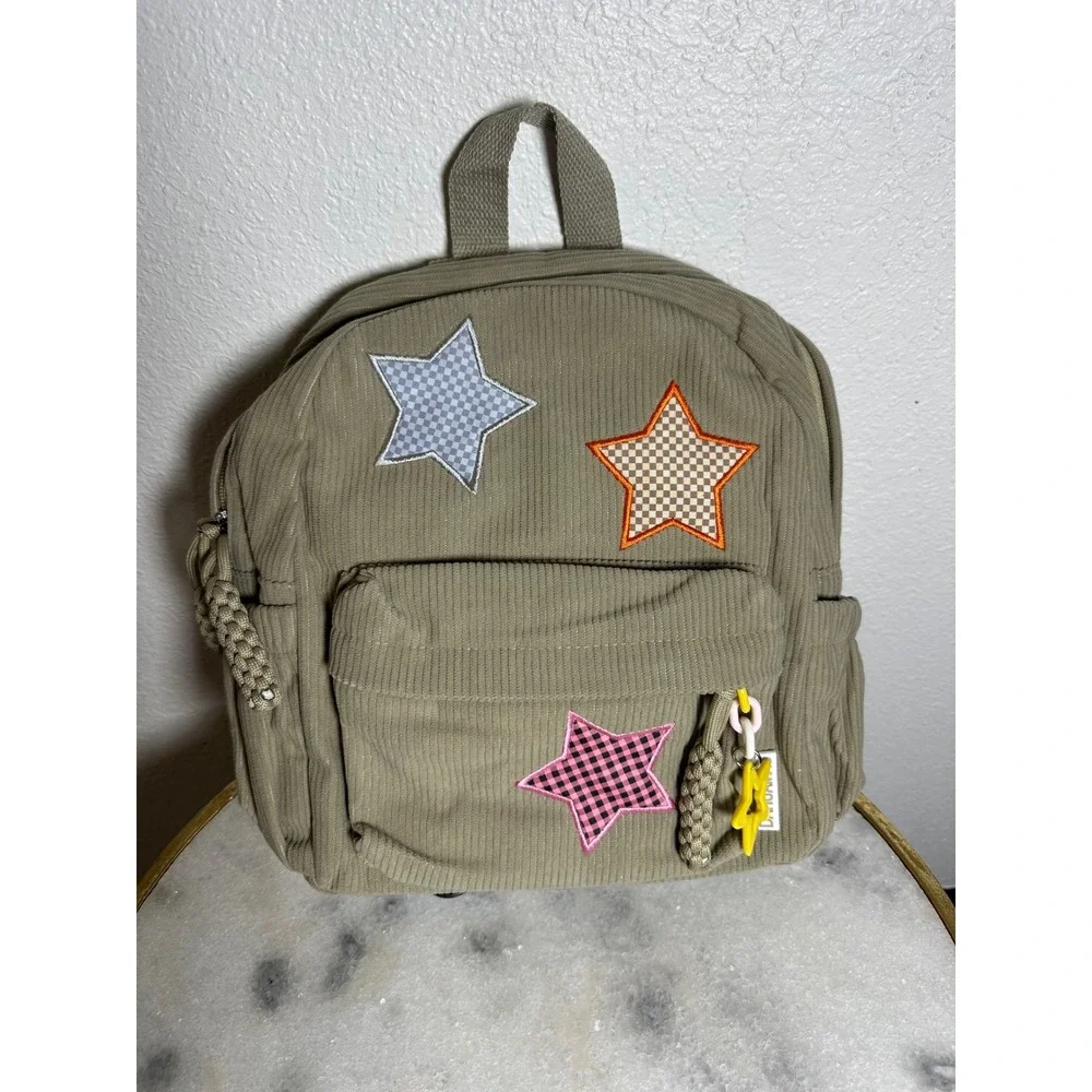 Khaki Corduroy Star Patch Backpack Y2K Aesthetic School Bag Tan Checkered Stars